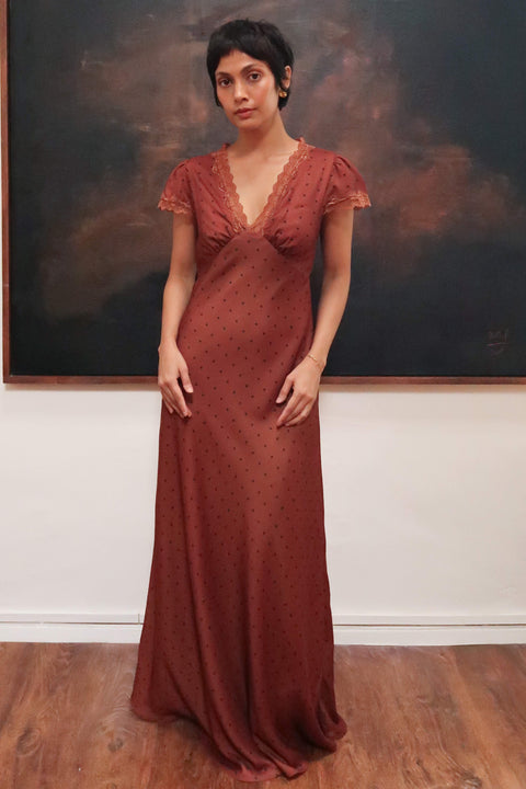 Audrey Long Dress in Polka Dot Copper