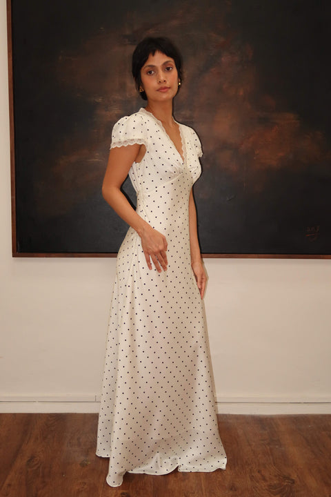 Audrey Long Dress in Polka Dot White